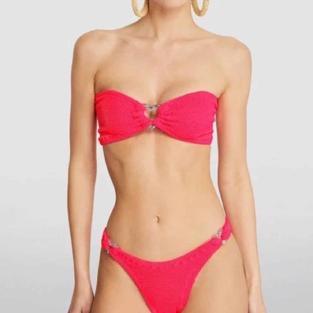 NWT Hunza G Nicole Pink Fuschia Bikini Set Crinkle Stretchy Hearts Silver Cute
